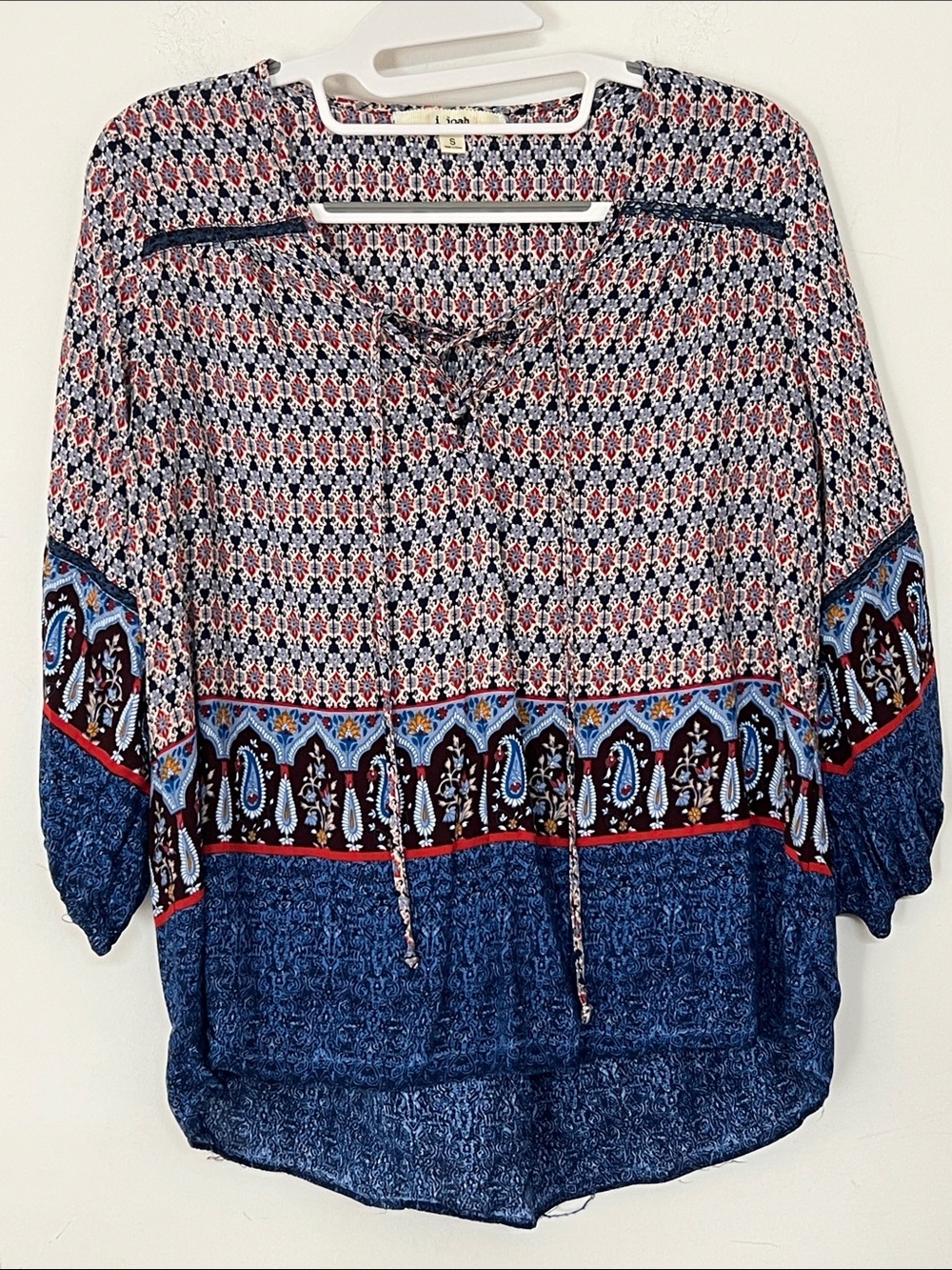 🌞 I Joah Boho Paisley Tie-Front Blouse in Navy & Red women size S